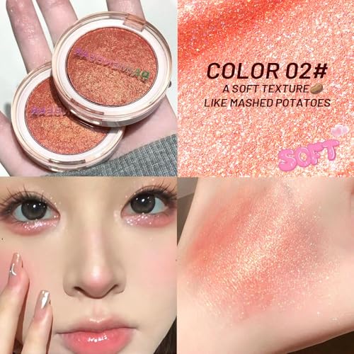 Image of Highlighter Makeup Palette for Blush, Contour, Shadow, Face or Eye Makeup, Shimmer Glow, Creamy Mousse Pressed Powder, Intensely Pigmented, Glitter Sparkling (B03-02# Sunbathing)