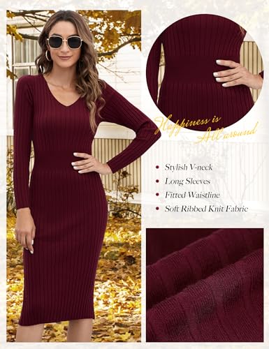 Image of Blooming Jelly Womens Midi Sweater Dress Long Sleeve V Neck Bodycon Fall Dresses 2023 Casual Knee Length Ladies Winter Dress