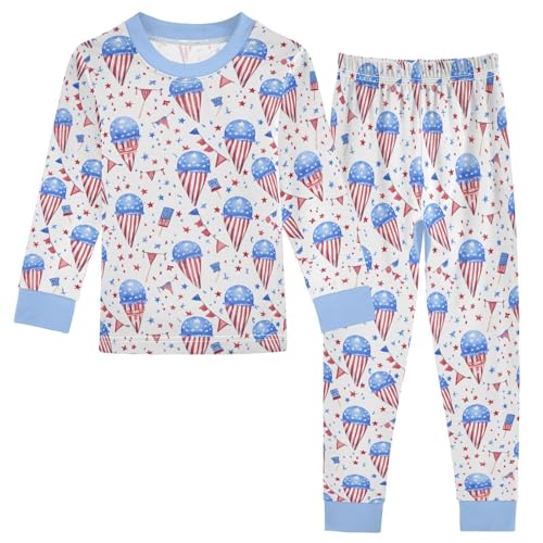 Cartoon Pajamas Set Flag Blue Ice Cream Red Stars Long Sleeve PJs Cotton Jammies Sleepwear Top and Pants