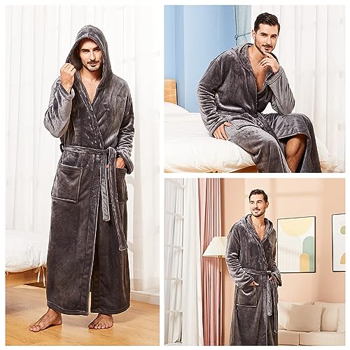 Image of FashGudim Mens Robes Big and Tall with Hood Two-Tone Flannel Fleece Contrast Bathrobe Full Length Plush Long Robe House Coat