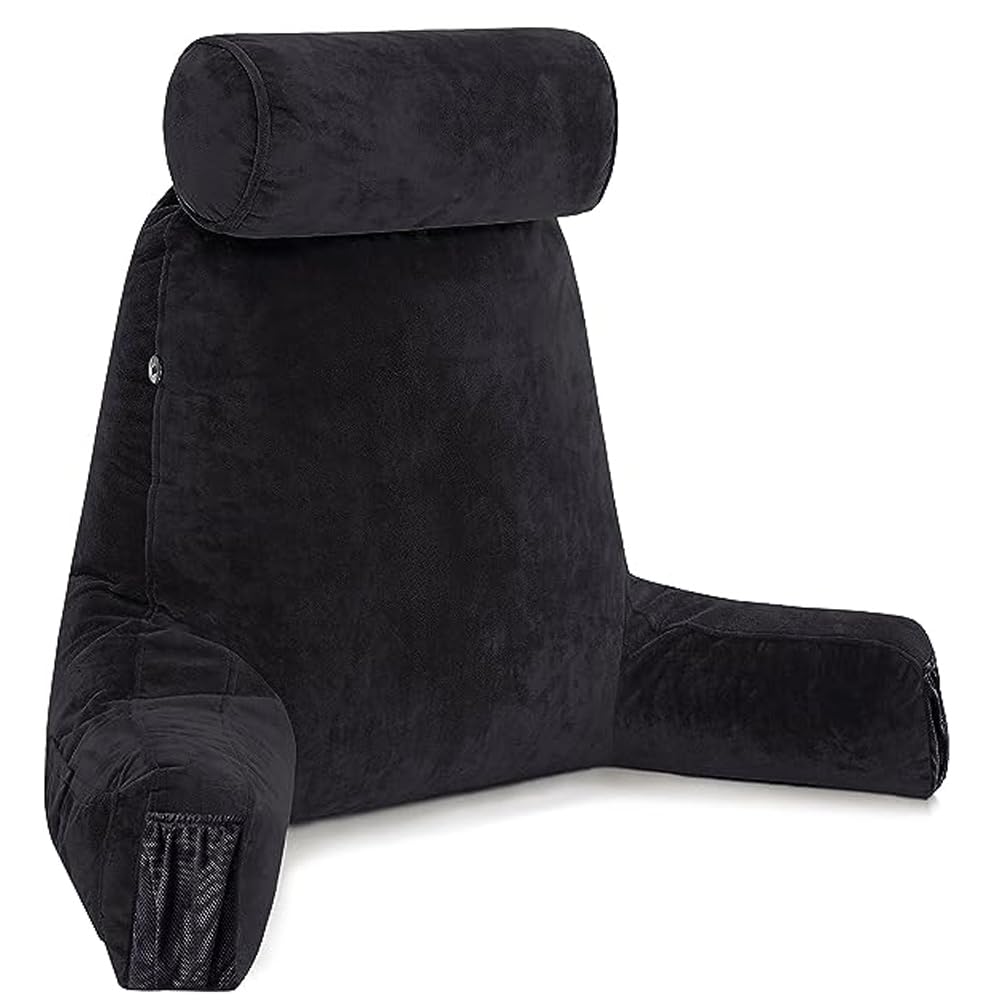 TOMVAES Reading Pillow - Big Reading & Bed Rest Pillow with Arms - Sitting Up Tall - Premium Shredded Memory Foam, Detachable Neck Roll on Bungee, Removable Covers & Zipper for Adjustable Loft (black)