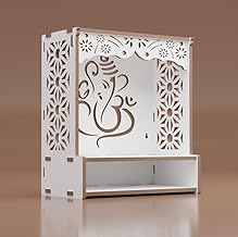 DIVYSA Wooden Pooja Mandir for Home, Ganesa Symbol Back Panel, Spacious Shelf for Idols and Diya, Compact Traditional Temple for Home & Office Spiritual Decor, Color: White-Ganesa