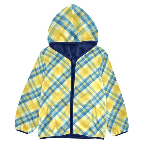 Yellow Blue Buffalo Plaid Boys Fleece Coat,Children's Zip-Up Hoodie Jacket,Baby Warm Fashion Outerwear 3-10T,A113363