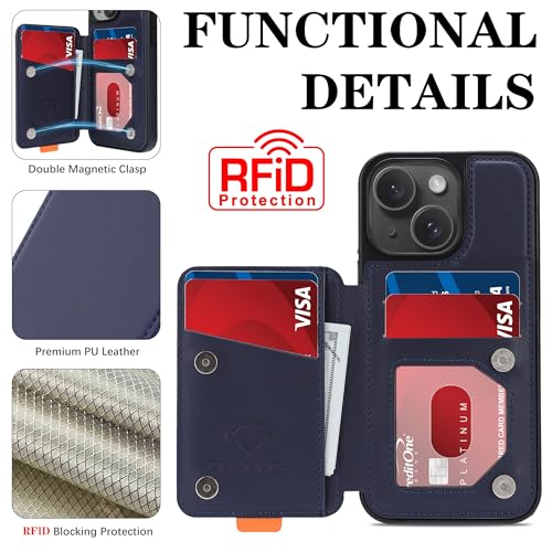 GUERNICA for iPhone 15 (6.1") Wallet Case with Card Holder, RFID Blocking for Women Men, Kickstand Shockproof Phone Case for Apple 15, Blue by GUERNICA - Image 3