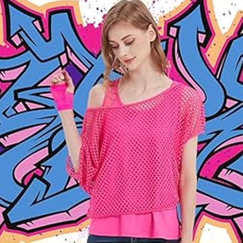 SSKHE Déguisement Année 80,90 Femme T-shirt Resille Colliers Boucles d’oreilles Accessoires De Costume Guêtres Disco Carnaval Fête Néon 80,90 Deguisement Costume Carnaval Fête Néonmme (Rose) – vue 9