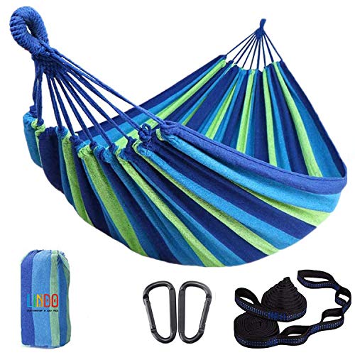 Lindo Brand Single & Double Hammock Included Tree Straps And Carabiners, Cotton Easy Assembly, Lightweight, Portable Single, Blue Stripes #TOP6