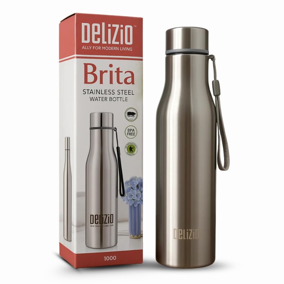 Image of KEMP DELIZIO Edition Stainless Steel Fridge Water Bottle 1000 ML | 1 L | Single Walled | Office | Gym | Travelling | Leak Proof LID | ECO Friendly | BPA Free | for Adult, Kids (BRITA -4 Pack)