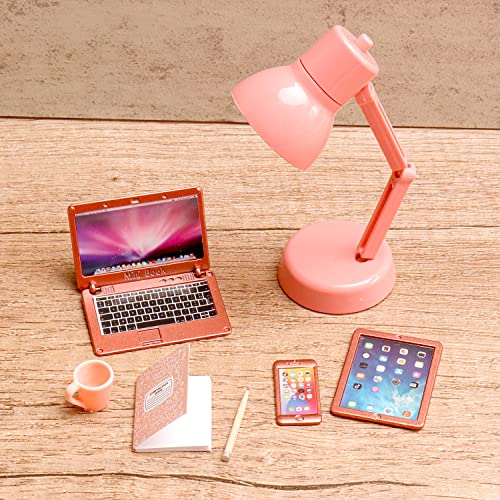 7 Pcs Miniature Laptop Tablet Phone Mini Books Desk Lamp Miniature Office Mini House Accessories, Pink #TOP2
