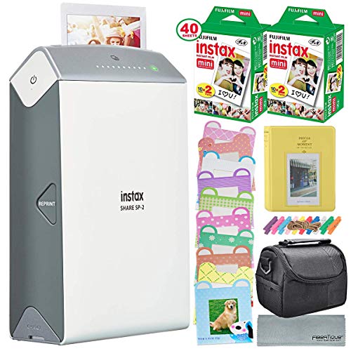 Fujifilm Instax Share Smartphone Printer SP-2 w(Silver)/ 40 Sheets Instax Mini Instant Film, Photo Album, Mini Photo Frames, Paper Photo Frame, Small Case. and FiberTique Cleaning Cloth