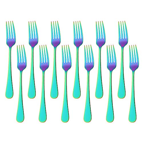 MINGYU Dinner Forks Stainless Steel Set of 12 - Rainbow 8 Inches Food Grade Titanium Fork Silverware Set Salad Forks Flatware Sets Dishwasher Safe for Home Kitchen Restaurant
