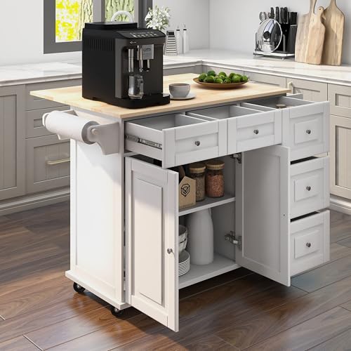 HOMREST 52" Mobile Kitchen Island Cart with Drop Leaf, Kitchen Cart Rolling Mobile Island with Wooden Countertop, Spice Rack, Adjustable Shelves and Drawers, Island Table for Kitchen, White