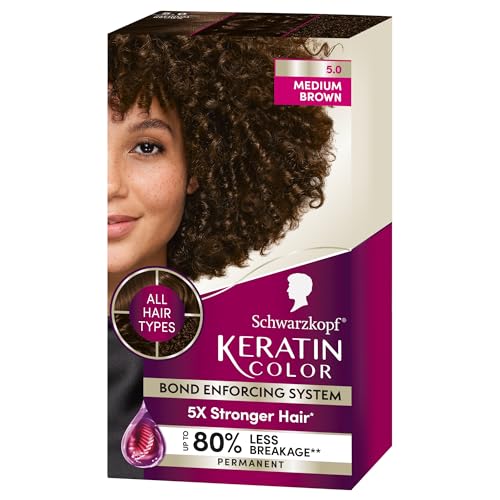 Schwarzkopf Keratin Color Permanent Hair Color, 5.0 Medium Brown, 1 Application – Salon Inspired Permanent Hair Dye, for up to 80% Less Breakage vs Untreated Hair and up to 100% Gray Coverage