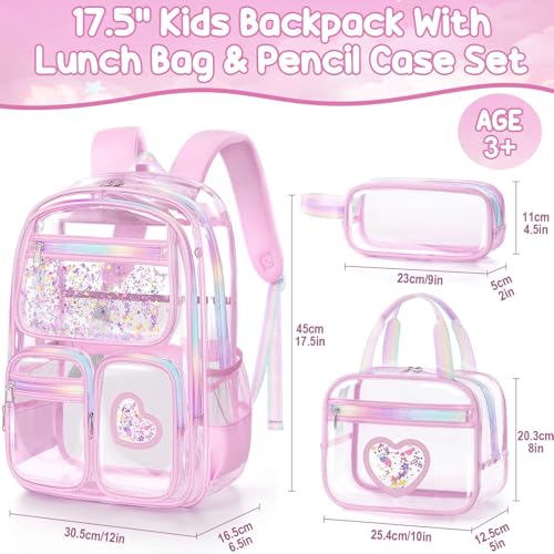 Image of Fimibuke Clear Backpack for Girls, 3PCS Heavy Duty PVC Transparent Kids Backpack for Teen Girls, School Concert Stadium Approved See Through School Teen Girl Bookbag with Lunch Box & Pencil Case, Pink