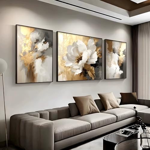 Large Gold with White Flower Wall Art 3D Textured Painting