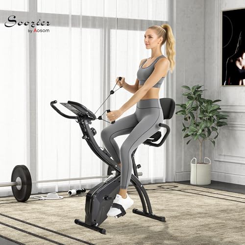 Soozier 3 in 1 Folding Exercise Bike, 10dB Super Silent Stationary Bike with 8-Level Magnetic Resistance, Heart Rate Sensor, Adjustable Seat, Resistance Bands and Wheels - Image 3