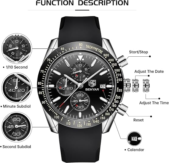 Image of BENYAR Men's Watches Chronograph Watch for Men Multifunction Black Waterproof Sport Fashion Quartz Wristwatches Calendar with Stainless Steel Strap