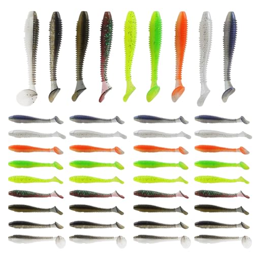 45Pcs Soft Plastic Lures Paddle Tail Swim Baits Swim Baits for Bass Fishing Paddle Tail Crappie Lures-9Color&2.17in/5.5cm
