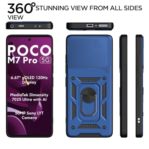 Image of Pikkme Back Cover for Poco M7 Pro 5G | D10 Tough Armor | 360 Protection Case | Sliding Camera Shield Cover & Ring Holder Stand Bumper Case (Blue)
