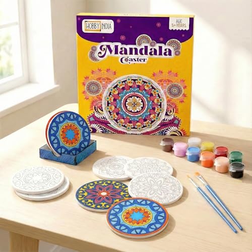 Image of HOBBY INDIA Rangoli Mandala Art Kit for Adults and Kids | DIY Tea Coaster Set of 6 with Painting Kit | Unique Art and Craft Kit Gift | Perfect Coaster for Office Desk, Dining Table Kitchen Decoration