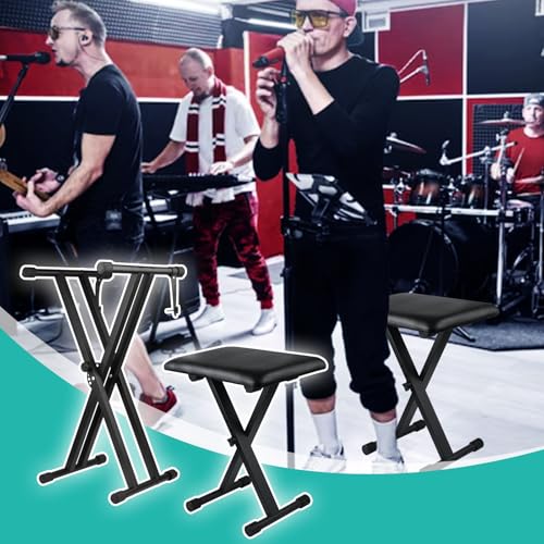 Image of Keyboard Stand & Piano Bench Set, Double X Adjustable, 7 & 4 Height Levels, Black Alloy Steel