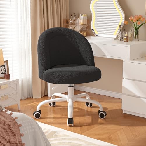Image of DurayLoly Vanity Chair with Back, Cute Desk Chair with Wheels, Armless Chair with Height Adjustable & 360 Swivel, Soft Lumbar Support for Small Space, Bedroom, Black