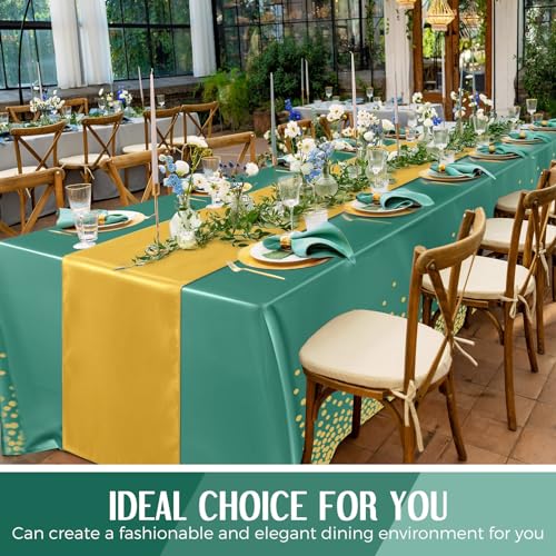 Image of Breling 8 Pack Green and Gold Disposable Plastic Tablecloths and Satin Table Runner Set, 54 x 108 Inch Tablecloth, 12 x 108 Inch Table Runners for Wedding Graduation Birthday Baby Shower New Year