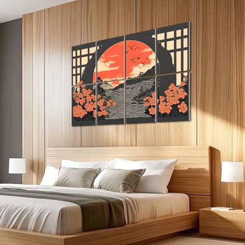 8 Pack Paneles Acústicos Auto Adhesivos Tradicional Paisaje Japonés Ondas Pájaros Elementos Florales Paneles Decorativos para Pared Aislantes de Sonido 48"x32" para Oficina Hogar Estudio miniatura 5