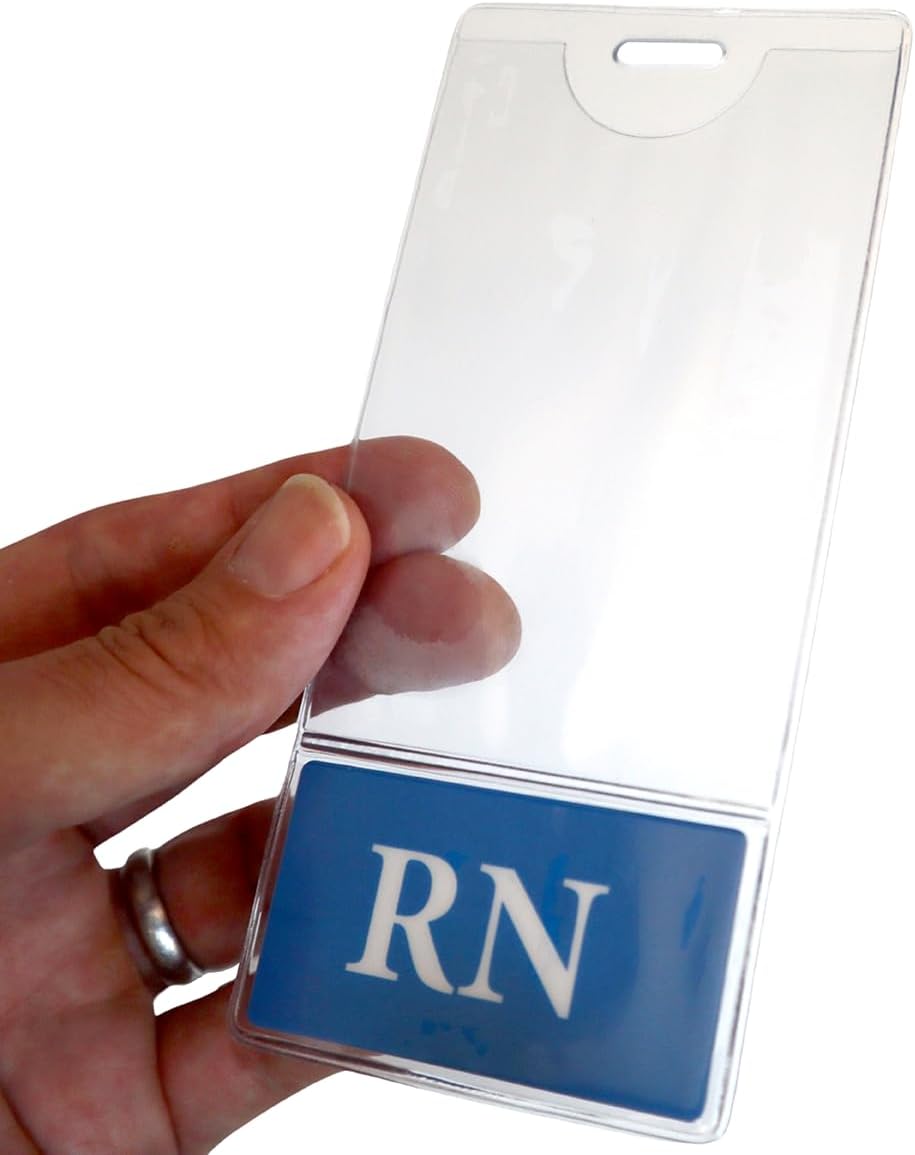 Bulk 20 Pack - RN BadgeBottom Vertical Badge Buddy & ID Holder Combo - Heavy Duty 2 in 1 Badge Bottom I’D Protector Nursing Accessories - USA Printed Double Sided Card Sleeve by Specialist ID (Blue)