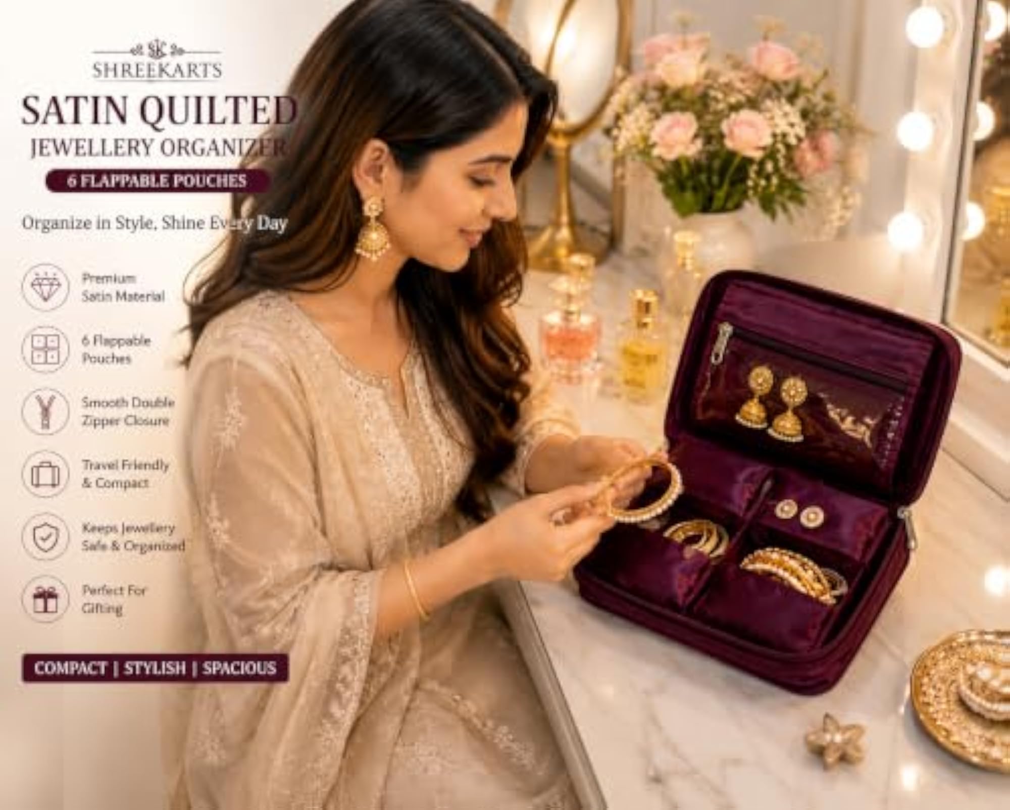 Satin Quilted Jewellery Organizer with 6 Flappable Pouches