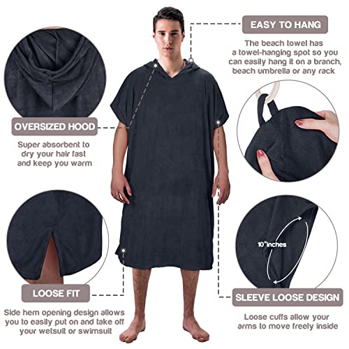 Surf Poncho Hooded Changing Towels Quick Dry Beach Change Robe für Erwachsene Männer Frauen Wasserdicht und Sandproof Bademantel für Surfen Schwimmen Baden Übergröße Schwarz