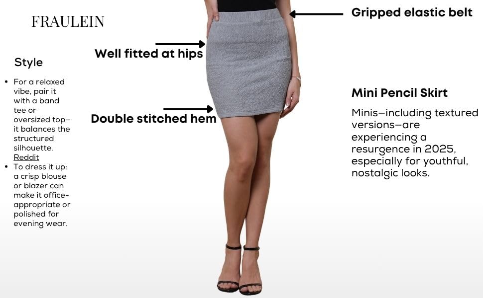 Image of FRAULEIN Women's Textured Mini Pencil Skirt Elastic Waist Casual Wear Short Length Thick Sleek Shaping Stylish Trendy Y2K Fashion Figure-Flattering fit