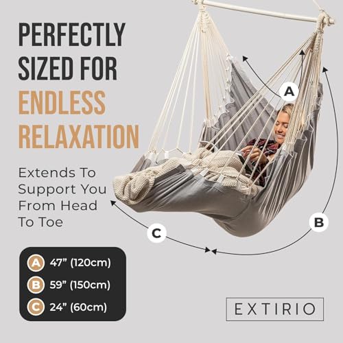 Image of Hanging Hammock Chair Swing - Hanging Chair Outdoor & Indoor - Hammock Swing Chair - Quick & Easy Setup with Hardware Kit - Durable & Spacious Full Body Support with 2 Plush Cushions - Holds 440 Lbs