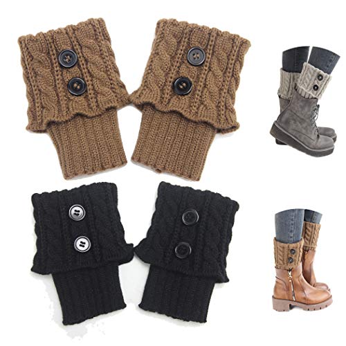 2 Pairs Womens Short Boots Socks Knitted Boot Cuffs Leg Warmers Socks (Black+Khaki)