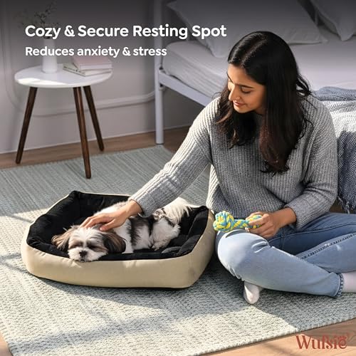 Image of Reversible Rectangle Dog Bed | Small 50 X 65 Cm Pet Bed for Puppies and Cats | Premium Velvet, Washable Fabric | Soft Sofa-Style Bed for Dog with Thick 15 Cm Insert | Black & Cream