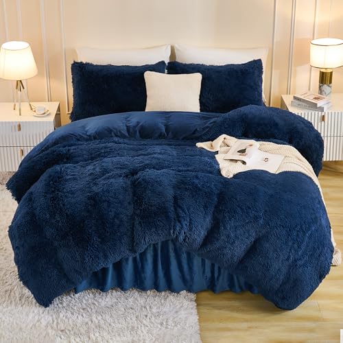 Andency Fluffy Navy Blue Comforter Set Full Size, 3 Pieces Winter Faux Fur Warm Soft Fuzzy Plush Bedding Comforter Set (1 Velvet Comforter & 2 Pillowcases), Thick Heavy Comfy Comforters Bedding Set