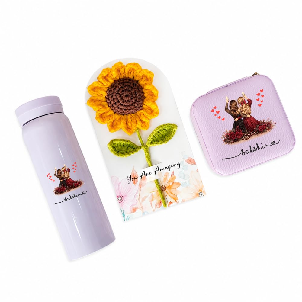 Personalized Gift Set for Women | Customised Jewellery Box & 300ml Bottle with Name Print | Crochet Flower Gift Combo for Wife, Girlfriend, Mom | Personalised Birthday Gift (Purple)-image-16