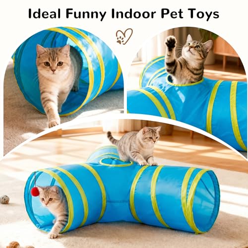 Image of Tempcore Cat Tunnel for Indoor Cats, 3 Way Collapsible Pet Play Tunnel with Teaser Wand, Peek Holes & Hanging Ball, Interactive Tube for Kittens & Rabbits, Blue & Yellow