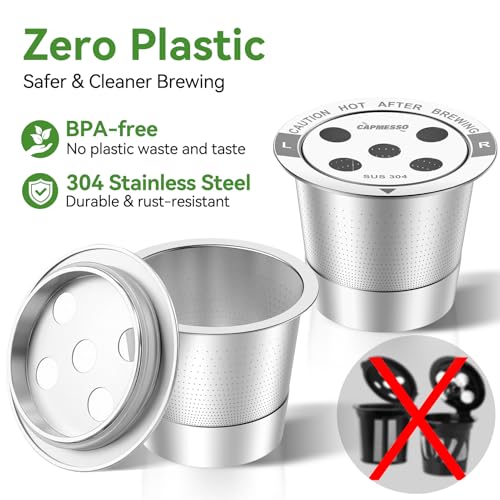 Image of CAPMESSO Reusable K Cups for Keurig: 2026 Updated All Stainless Steel Coffee Pods with 5 Holes for Keurig K Supreme, K Slim, K Duo Gen 2 Multistream Coffee Maker with Scoop, Zero Plastic (4 Pack)
