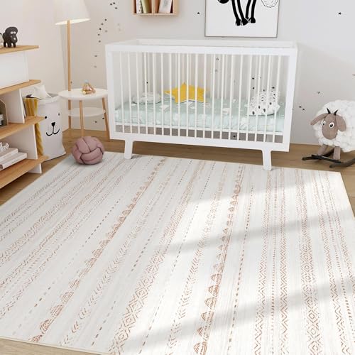 Nakagishi Area Rug Living Room Rugs: 3x5 Soft Machine Washable Boho Neutral Farmhouse Stain Resistant Moroccan Indoor Carpet for Bedroom Nursery Kids Entryway Kitchen Entry Bedside Home House- Brown