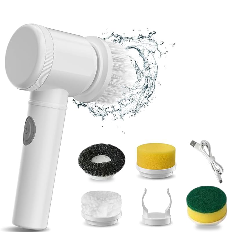 Image of Multifunctional Handheld Cordless Electric Cleaning Brush with 5 Replaceable Brush Heads Handheld Power Shower Scrubber for Bathtub, Floor, Wall, Tile, Toilet, Window, Sink, White