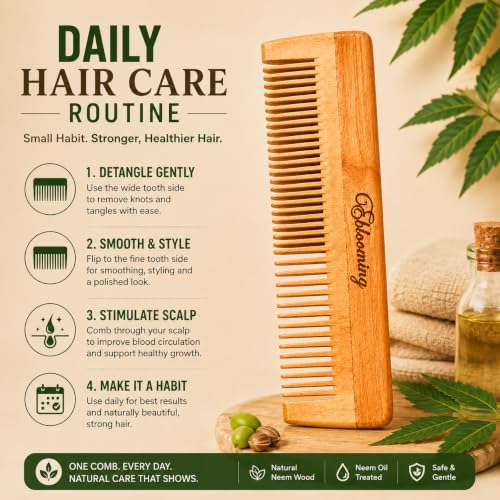 Image of Neem Wooden Hair Comb | Dual Tooth Wooden Comb for Women & Men | Wide & Fine Tooth Detangling Comb | Smooth Rounded Teeth for Everyday Hair Care & Styling | 1 Piece