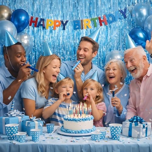 Image of Pool Party Decorations - Blue Tinsel Streamers Backdrop Banner | Summer Party Favors Supplies Indoor Outdoor - Ocean Themed Party Decorations for Beach Sea Water Blue Birthday,2 Pack