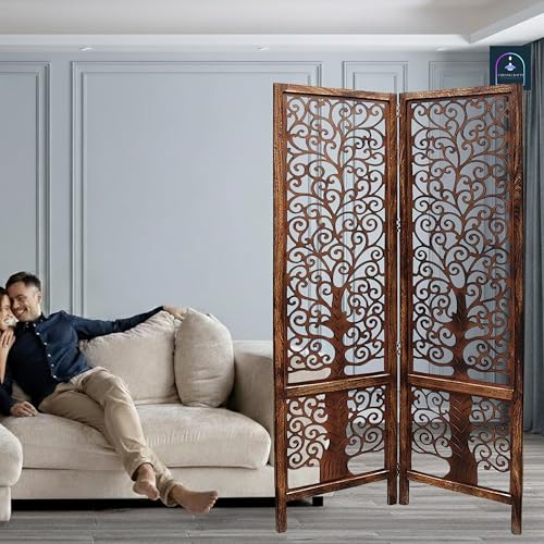 Image of Wooden Room Partition /Screen /Room Divider /Room Separator Traditional Handicrafts 6Ft (Dark Brown) (Tree 2 Panel)