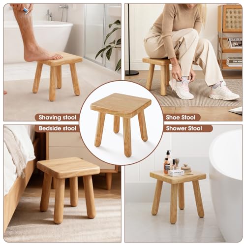Image of 9 Inch Small Wooden Step Stool, multi-functional footstool, shoe changing stool, indoor plant stand, portable and sturdy, suitable for living room, kitchen, bedroom, bathroom (Natural wood color)
