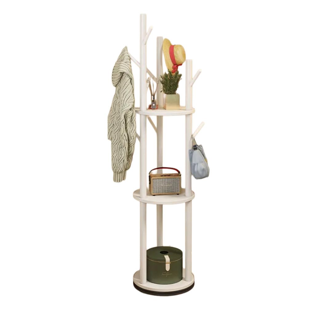HRGKLMN Wooden Coat Rack Rotatable Multifunctional Coat Stand with 3-Level Shelf, Freestanding Wardrobe Coat Hanger Stand for Hallway, Bedroom, And Living Room,Weiß