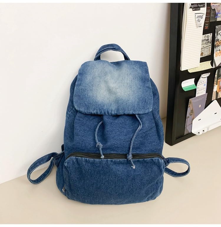 Fashion Backpack Denim Daypack, Women Men Shoulder Bag Grunge y2k Canvas Bookbag Large Daypack Daily Hiking Travel Bag (dark blue)4