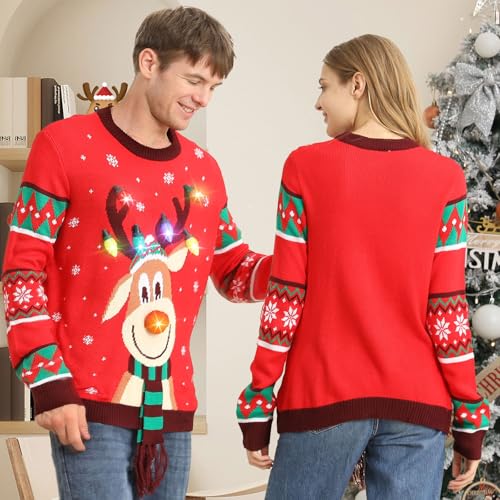 Ugly Christmas Sweater Women Men,Light Up Christmas Sweater for Couples,Funny Cute Reindeer LED Xmas Tacky Sweaters - Image 6