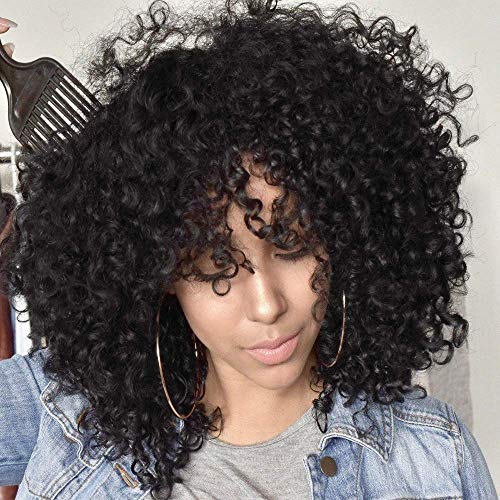 Qangelabeauty Curly Afro Wig with Bangs African American Wigs Black Fluffy Wig Afro Kinky Full Wig Loose Cute Curly Heat Heat Resistant Natural Looking Synthetic Wig for African American Women(Black)