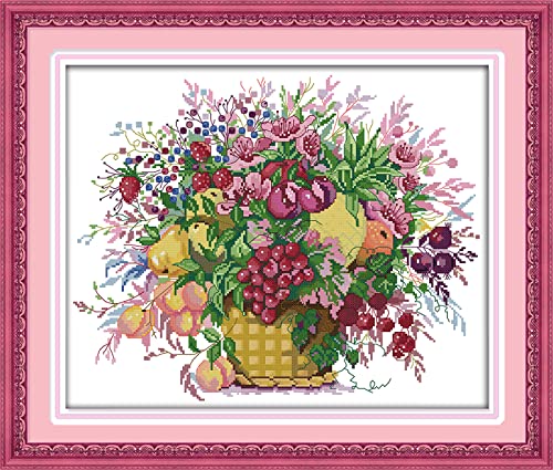 Kit Point de Croix Panier de Fleurs de Cerises 11CT Broderie Pré-imprimée 40x50 cm