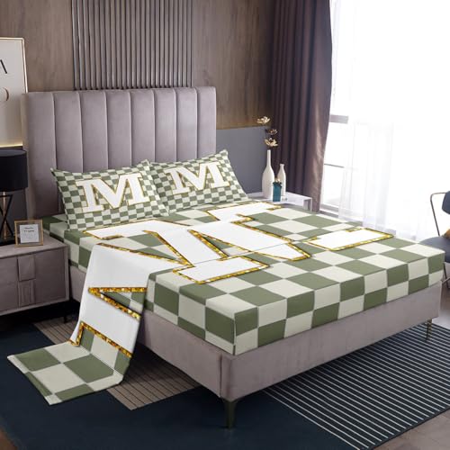 Image of Erosebridal Sage Green Checkered Bedding Set Twin Plaid Initial M Bed Sheets Personalized Monogram Sheet Set Kids Boys Girls,Fashion Grids Gingham Fitted Top Sheets 3 Piece